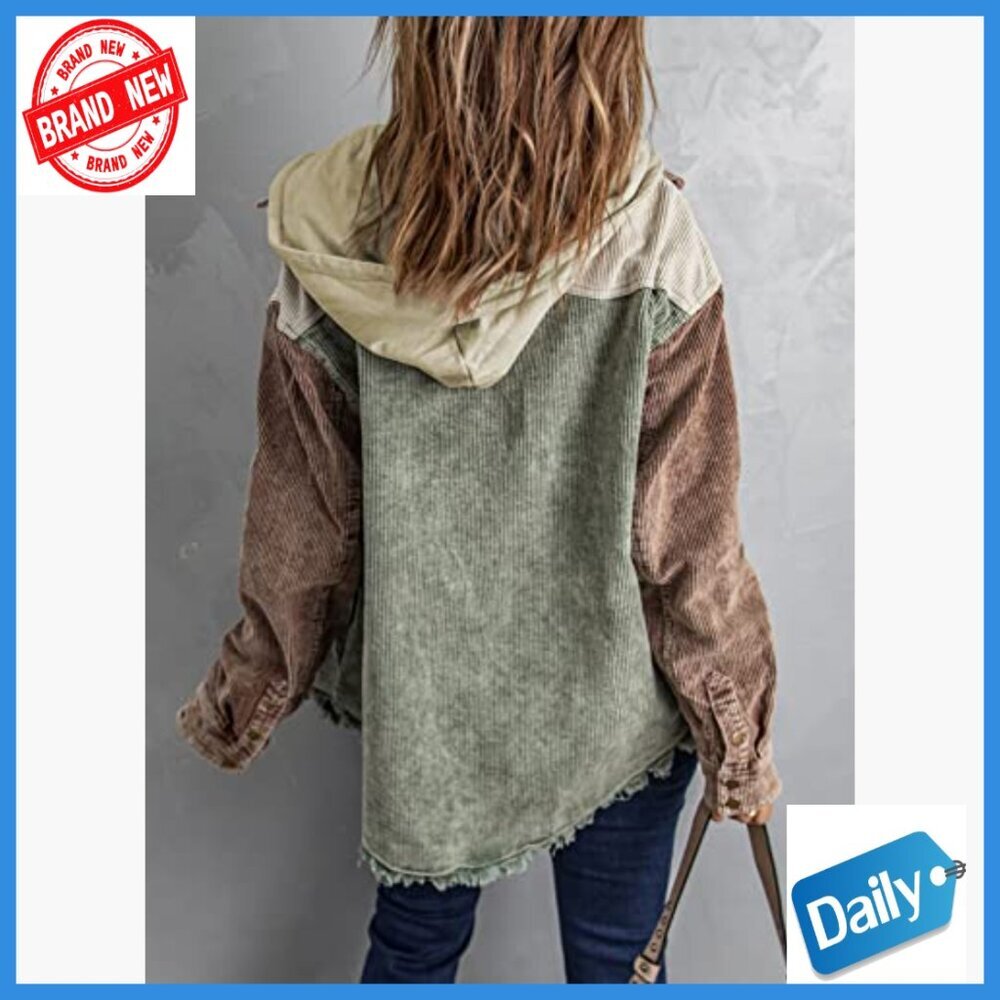 Corduroy Shacket Jacket Long Sleeve Button Down Hooded Coat with Pockets - Picture 2 of 7